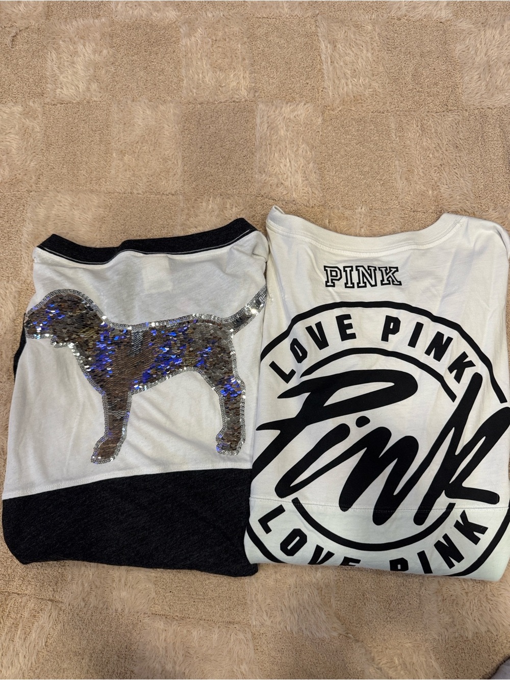 Victoria's Secret PINK Dog Logo Crew & V-Neck Tee Bundle Sequins Long Sleeves M